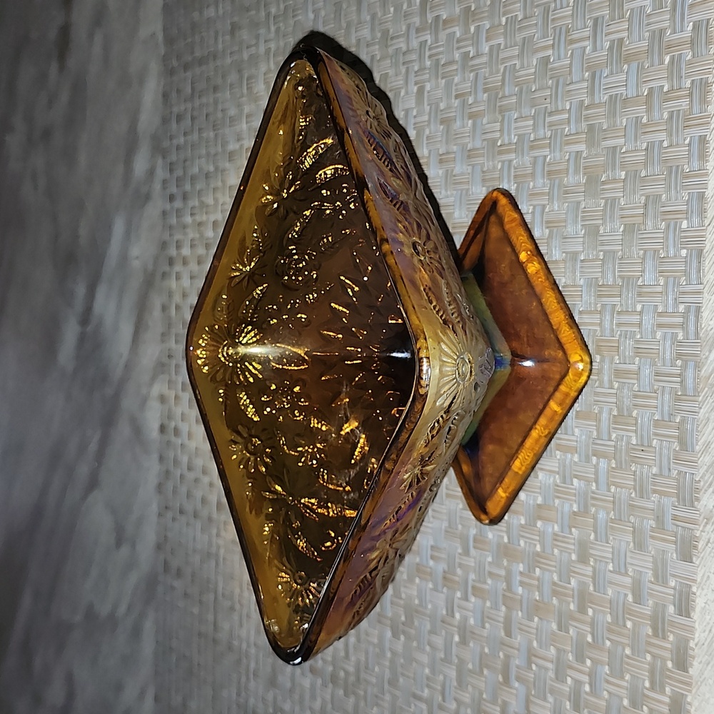 Vintage Marigold Amber Carnival Glass ArtDeco style Pedestal Diamond-Shaped Bowl